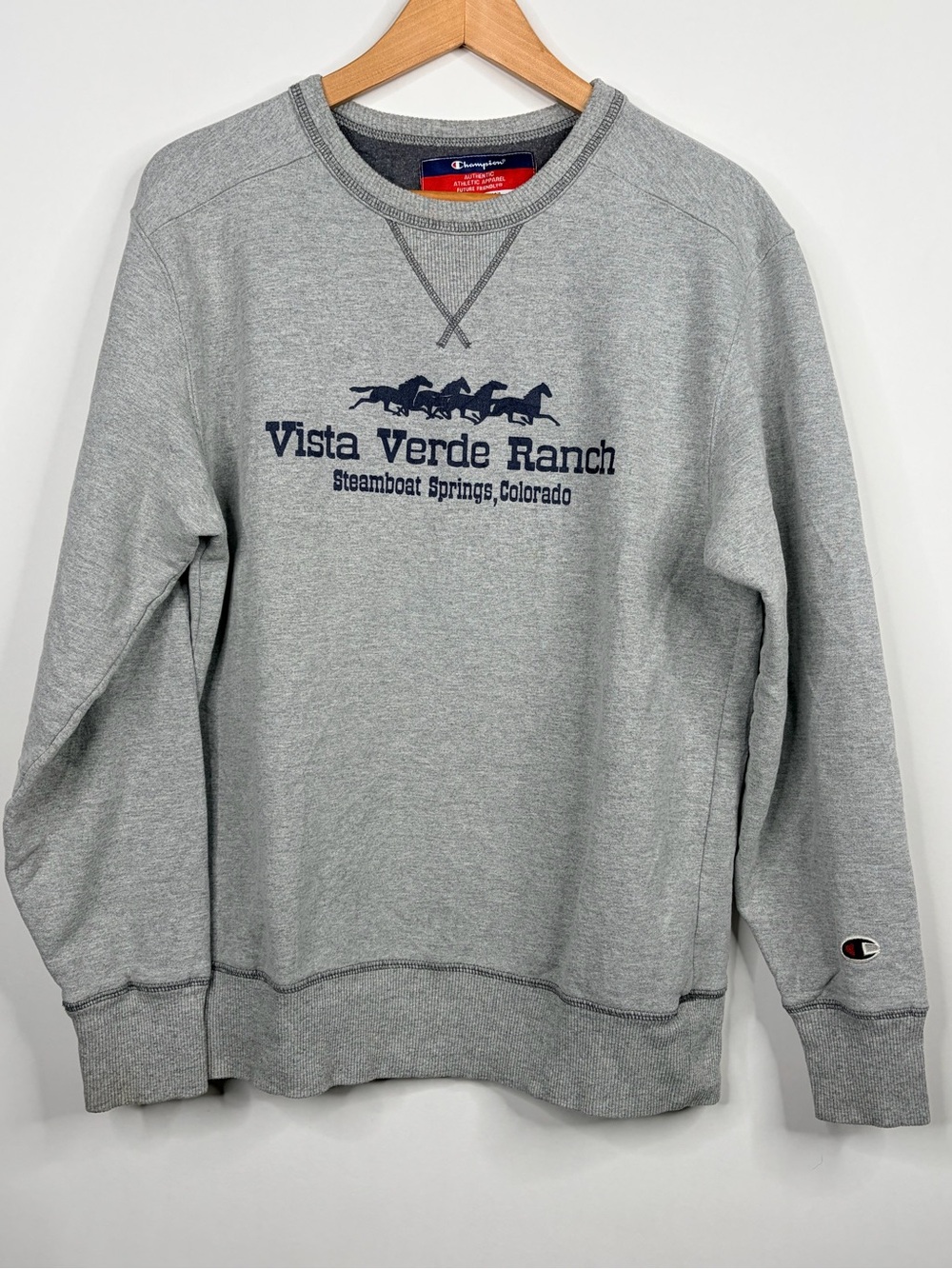 Champion Gray Crewneck Sweatshirt with Navy Vista Verde Ranch Graphic